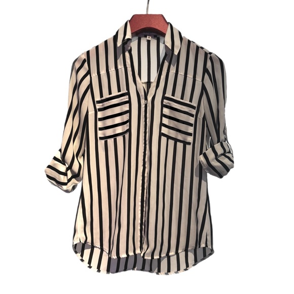 Express Tops - Express | Black and White Striped Button Down | XS